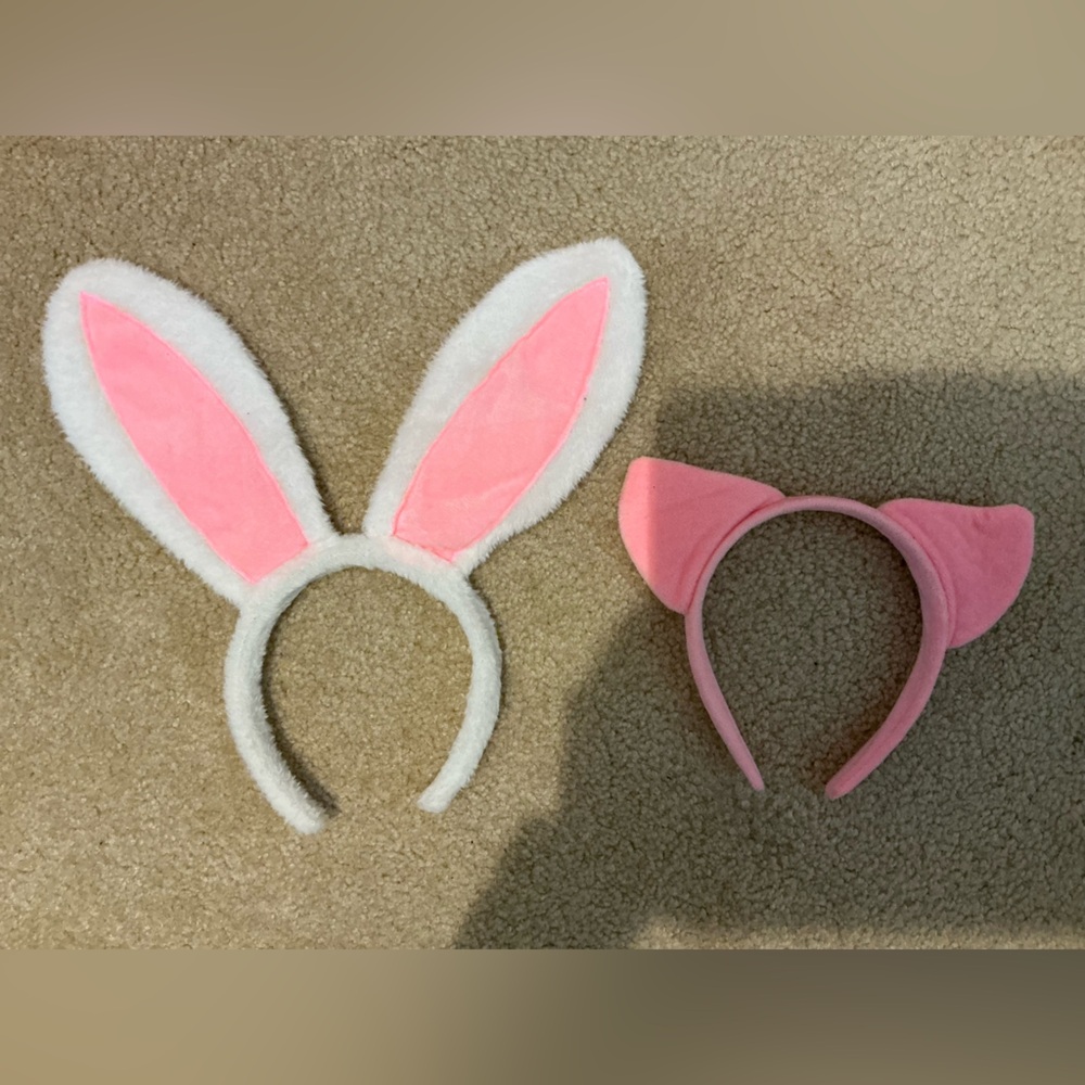 Pink and White Bunny+Pig Ears Headband Set